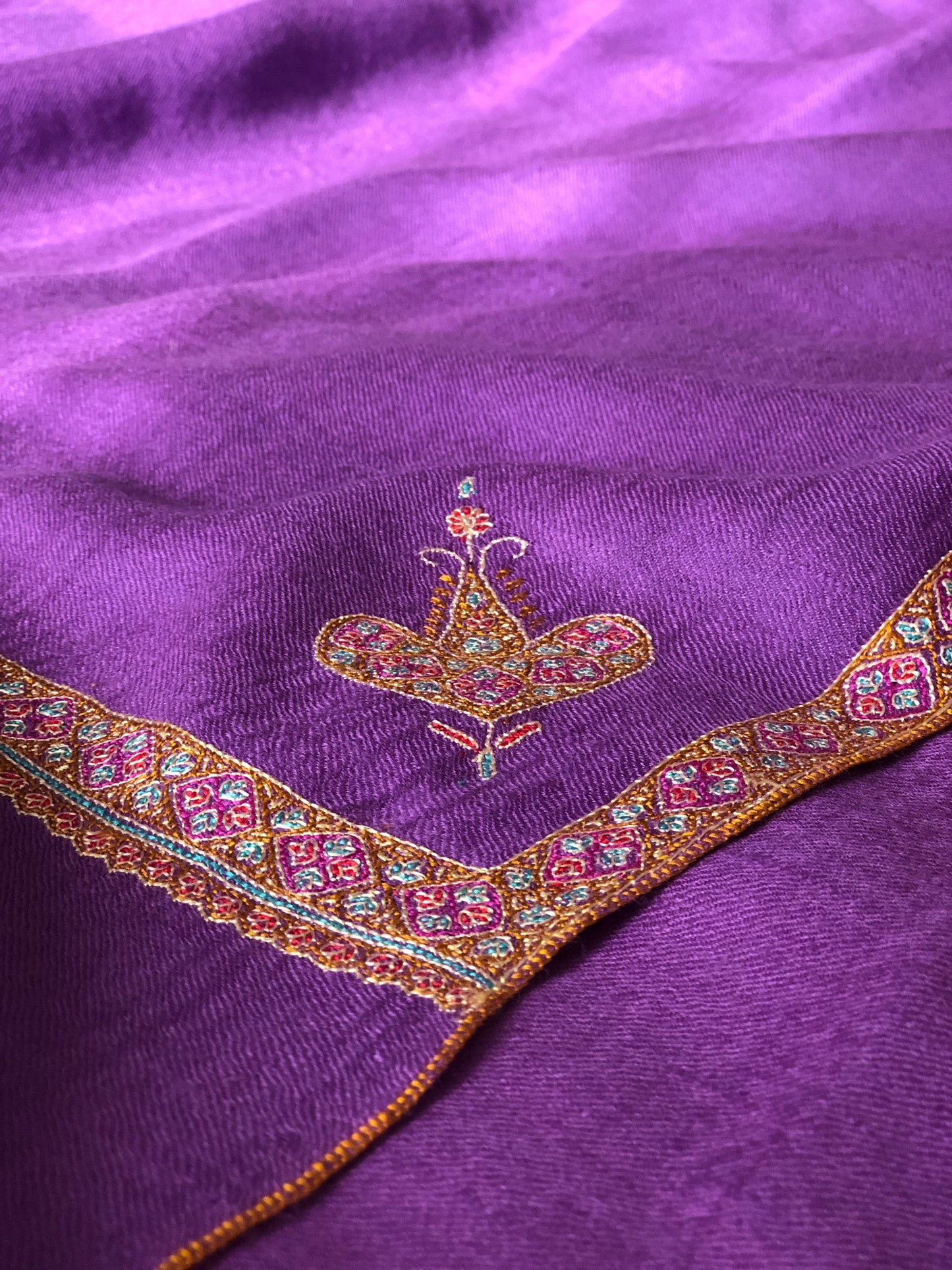 Bright Purple Silk Hashidar Embroidery Pashmina Shawl