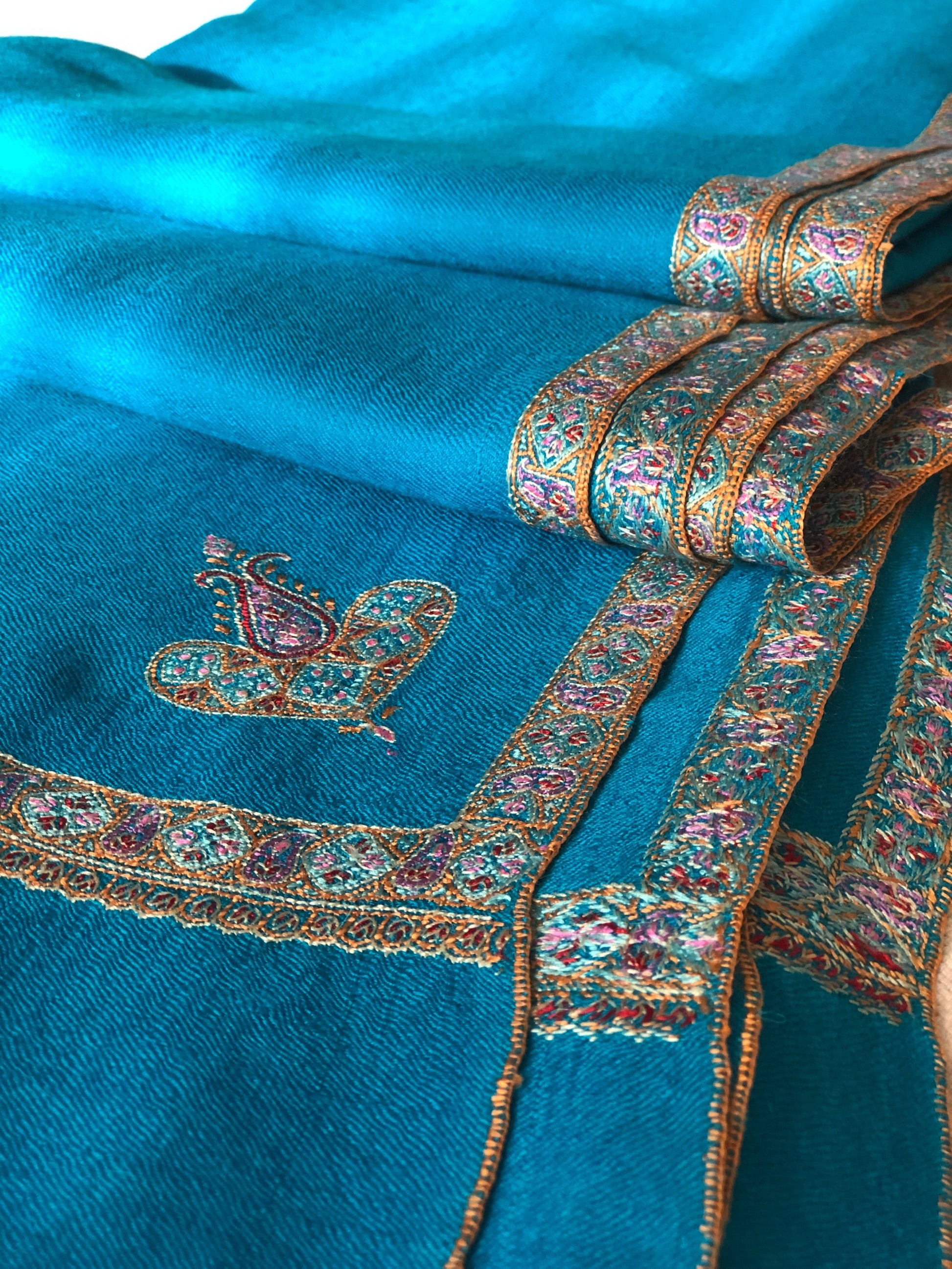 Lake blue border embroidery pashmina shawl 2