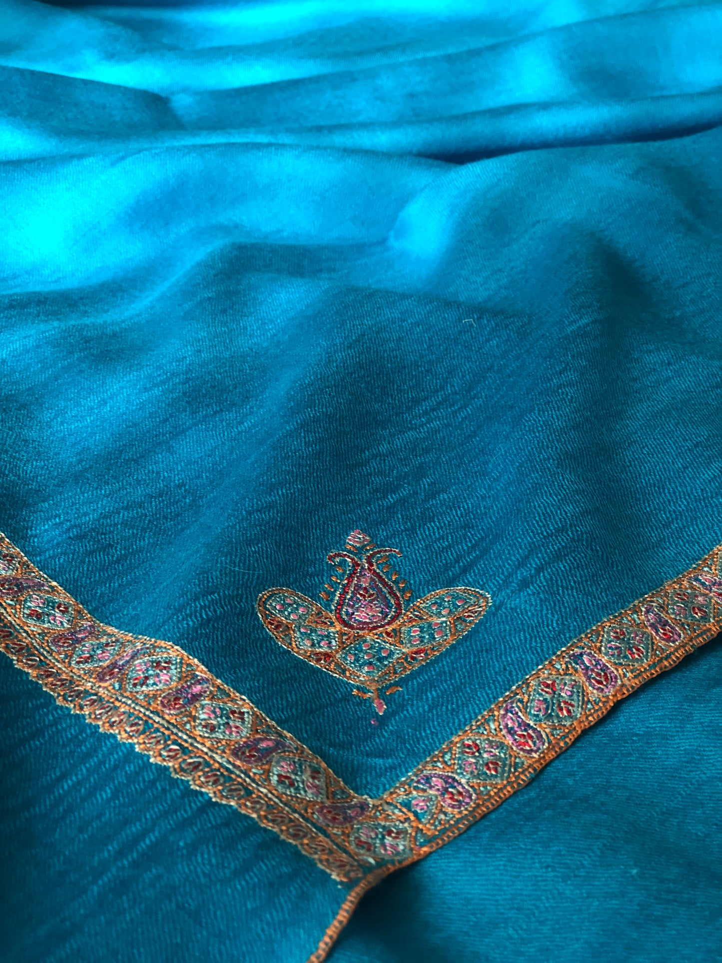 Lake blue border embroidery pashmina shawl 5