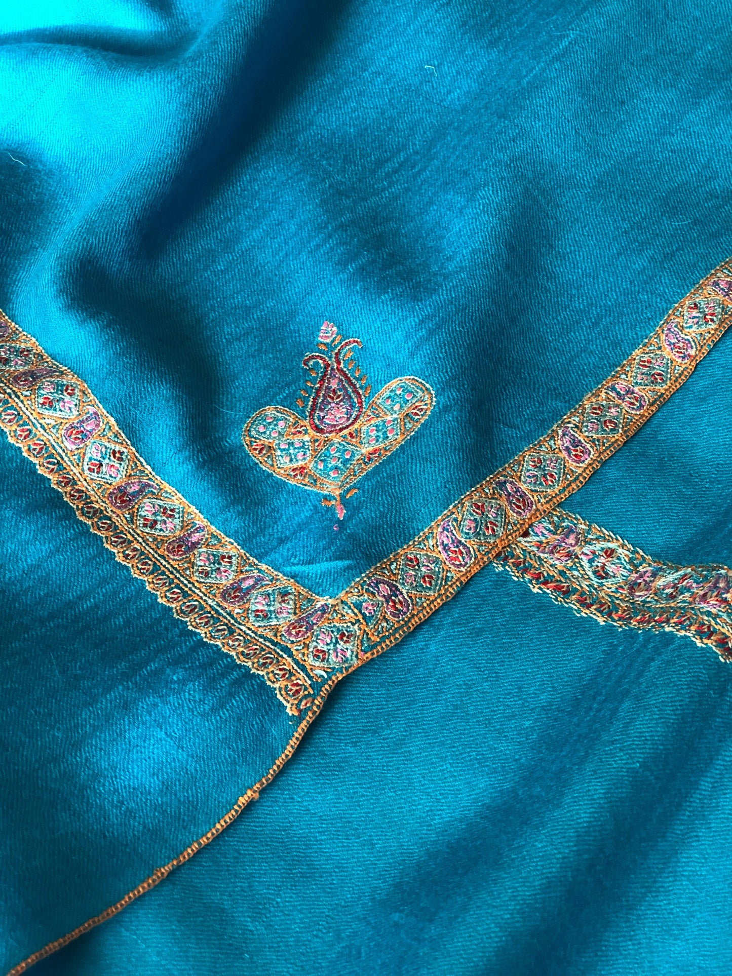 Lake blue border embroidery pashmina shawl 1