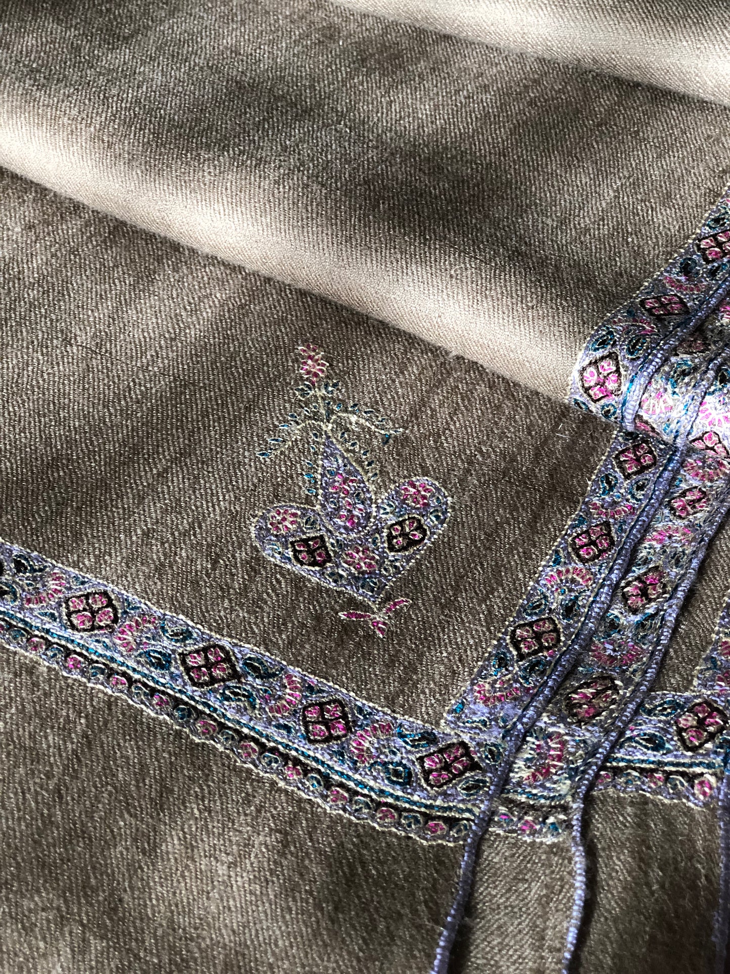 Royal Taupe Silk Hashidar Embroidery Pashmina Shawl