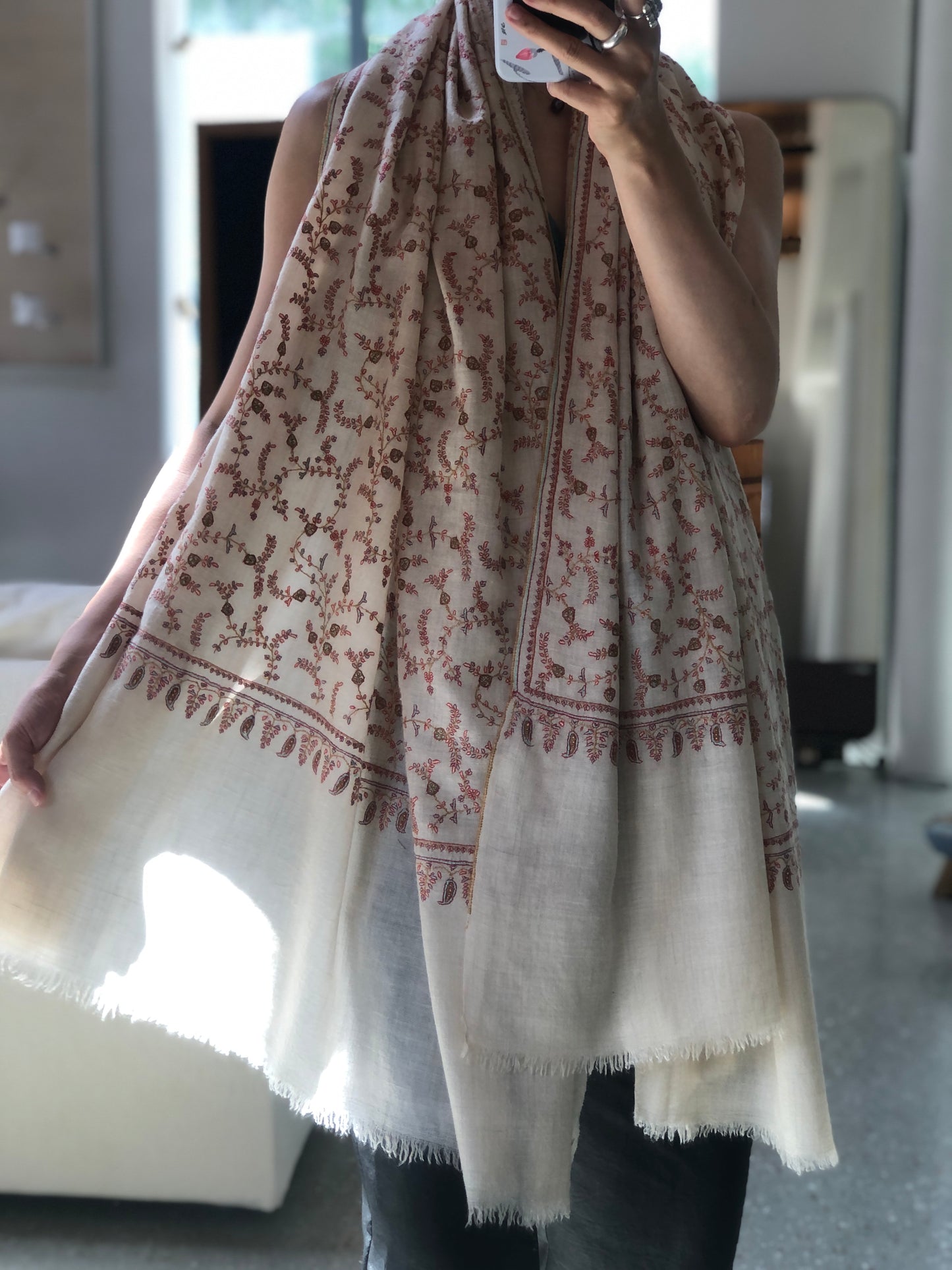 White Jaal Silk Embroidery Pashmina Shawl