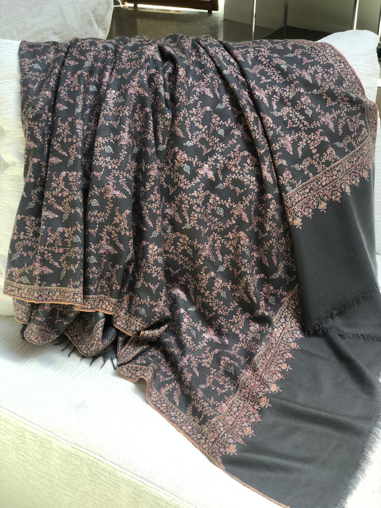 Gray Jaal Silk Embroidery Pashmina Shawl