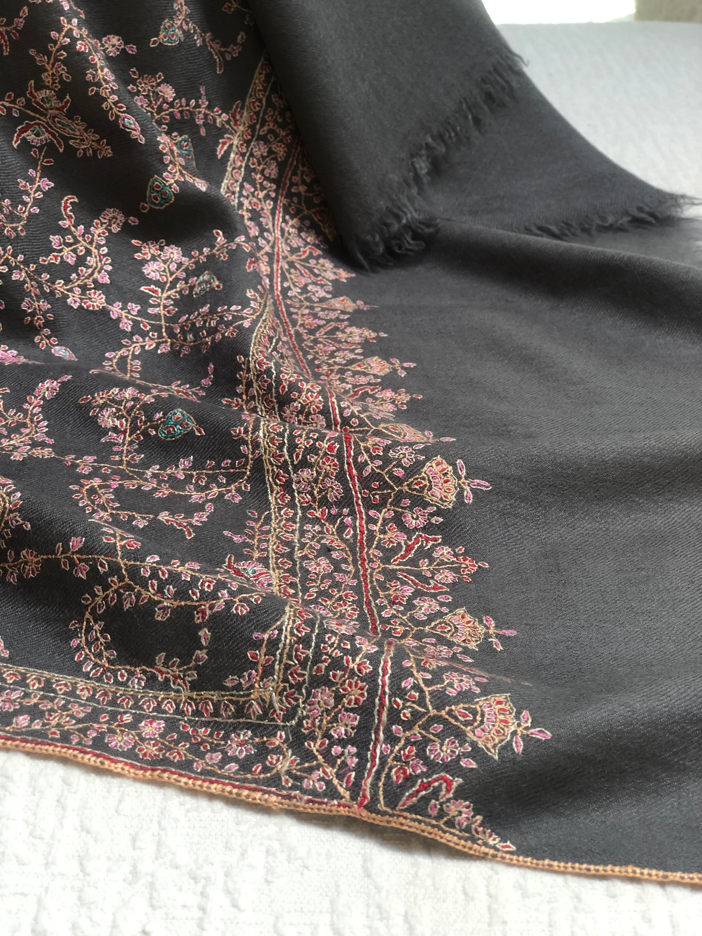 Gray Jaal Silk Embroidery Pashmina Shawl