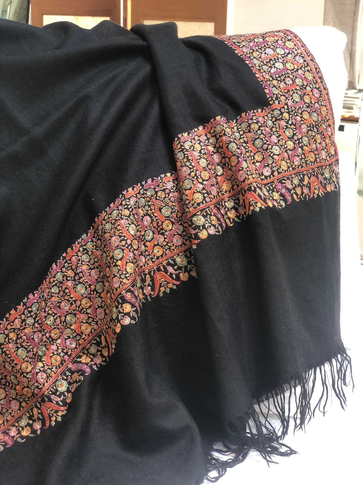 Black Dhoor Design Silk Embroidery Pashmina Shawl