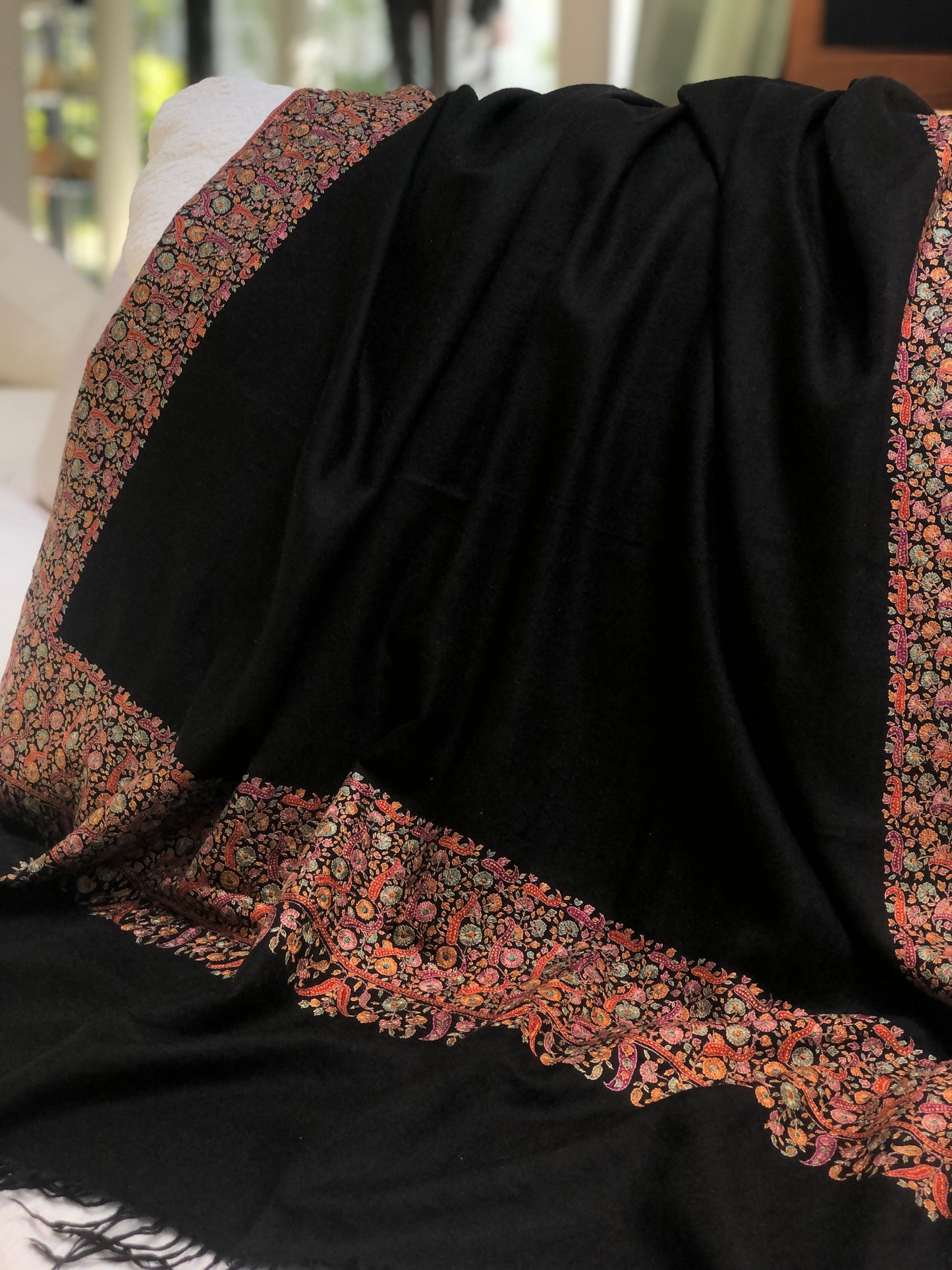 Black Dhoor Design Silk Embroidery Pashmina Shawl