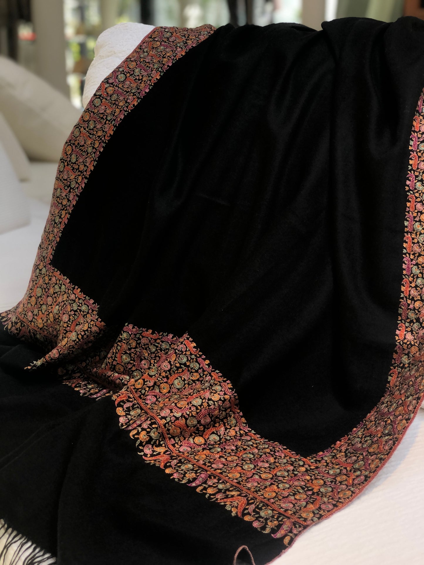 Black Dhoor Design Silk Embroidery Pashmina Shawl