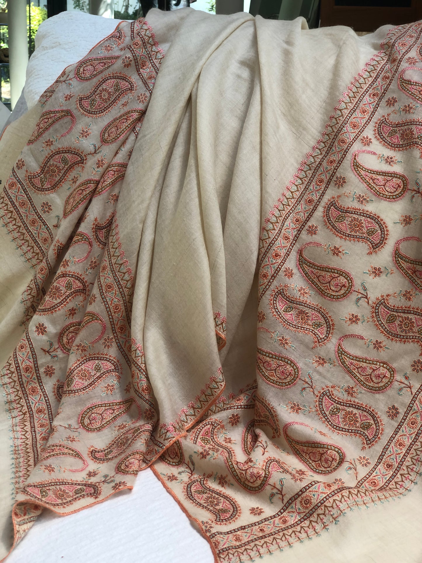 White Almond Design Silk Embroidery Pashmina Shawl