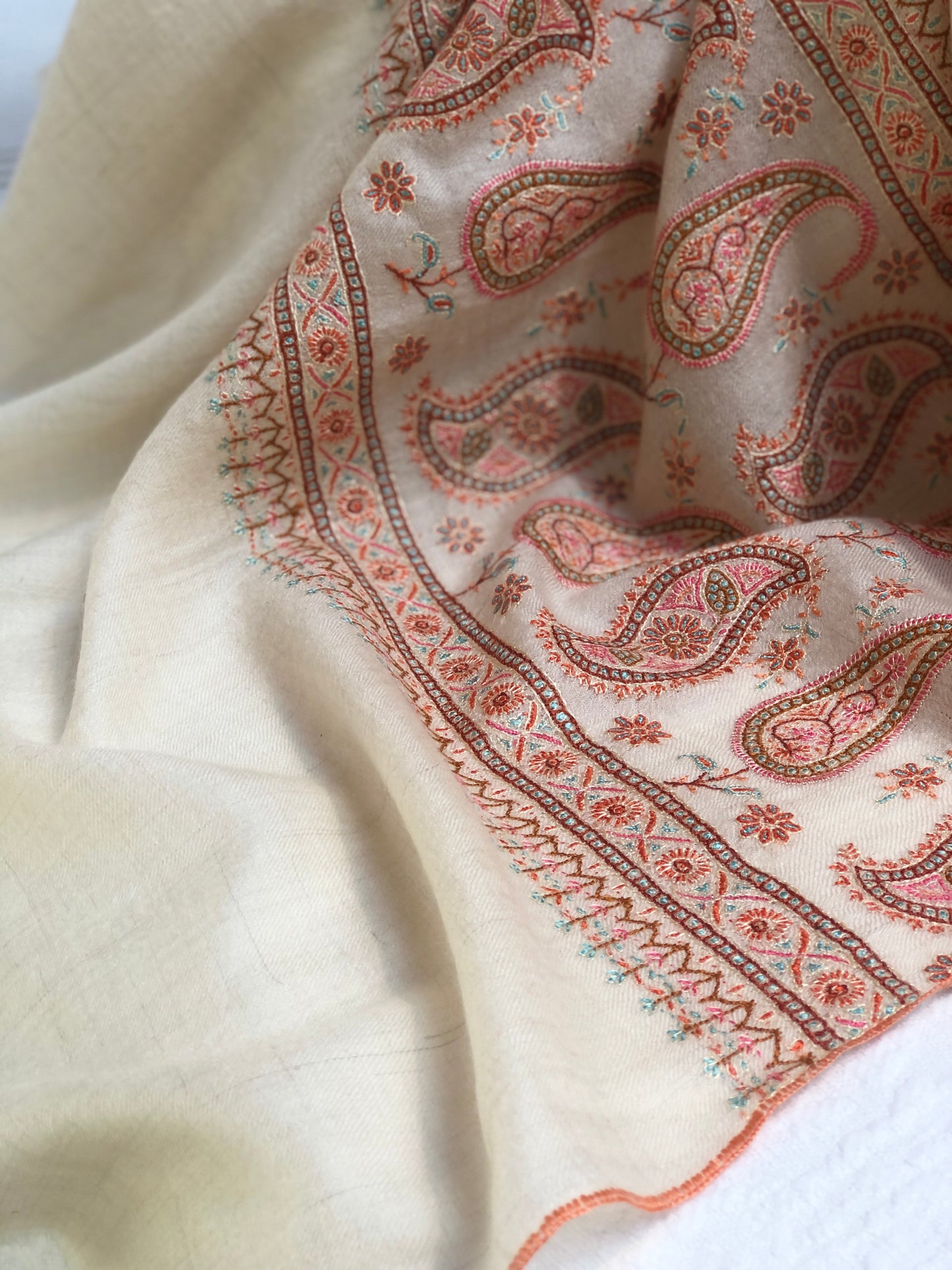 White Almond Design Silk Embroidery Pashmina Shawl