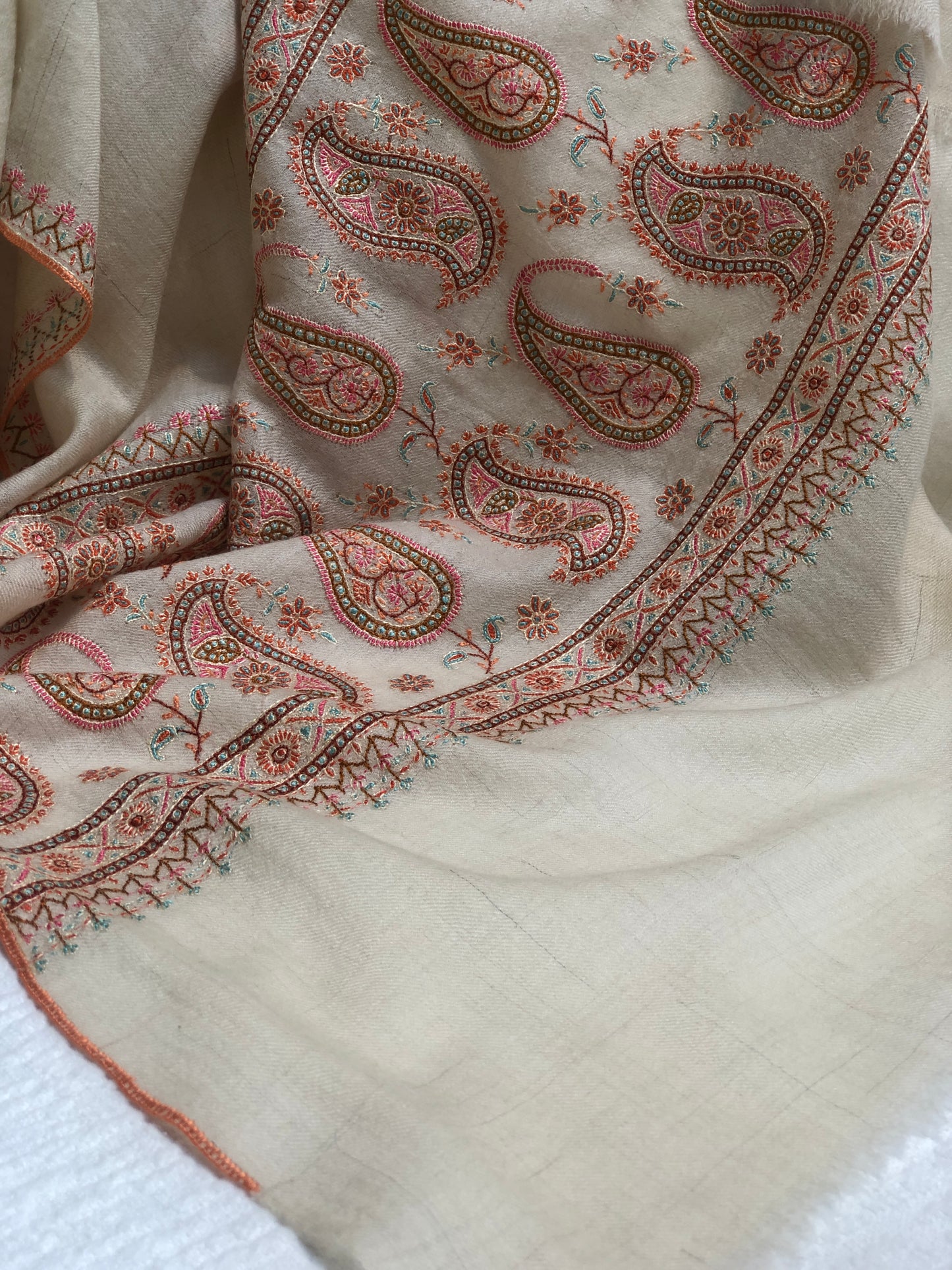 White Almond Design Silk Embroidery Pashmina Shawl