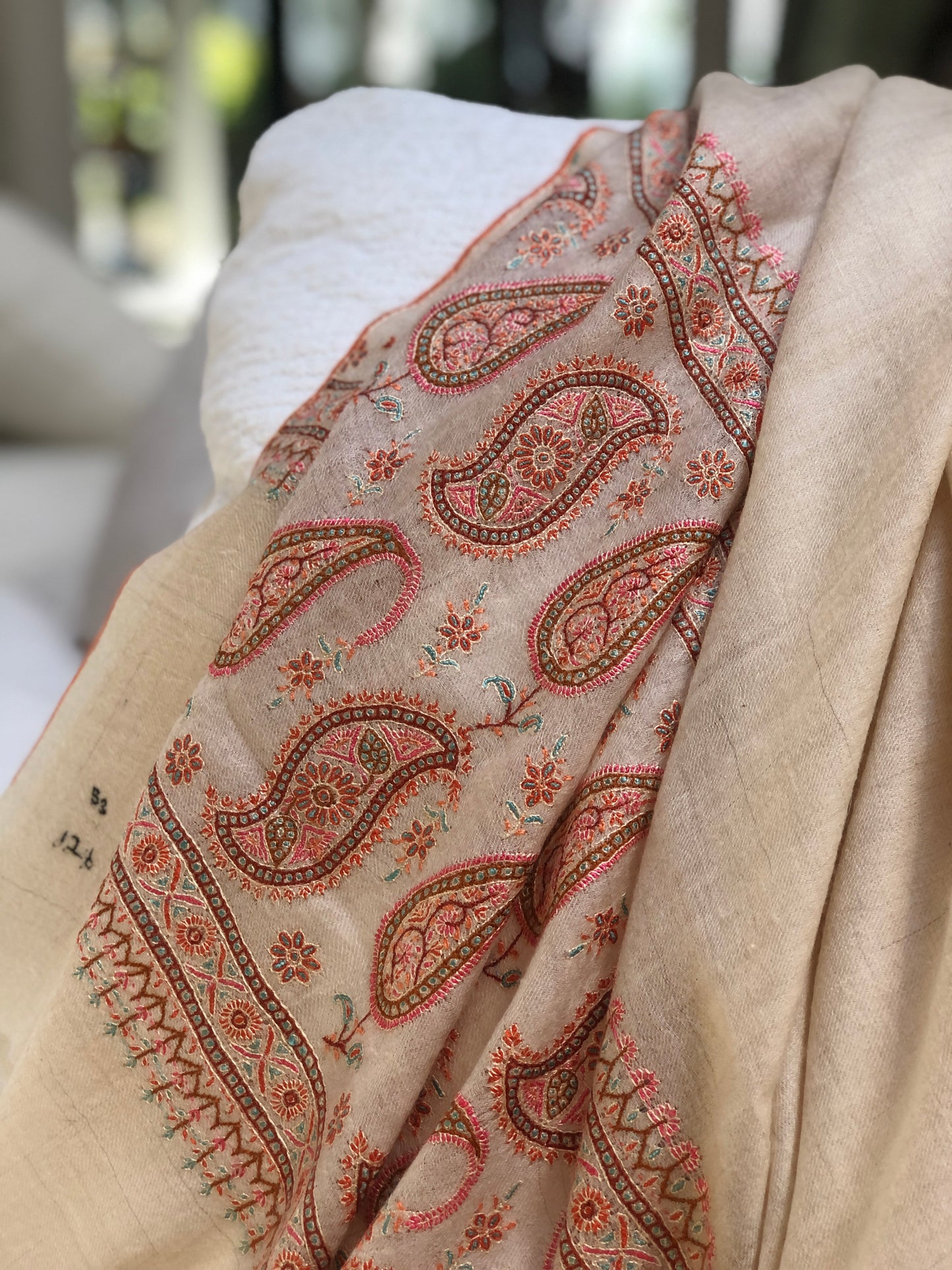 White Almond Design Silk Embroidery Pashmina Shawl