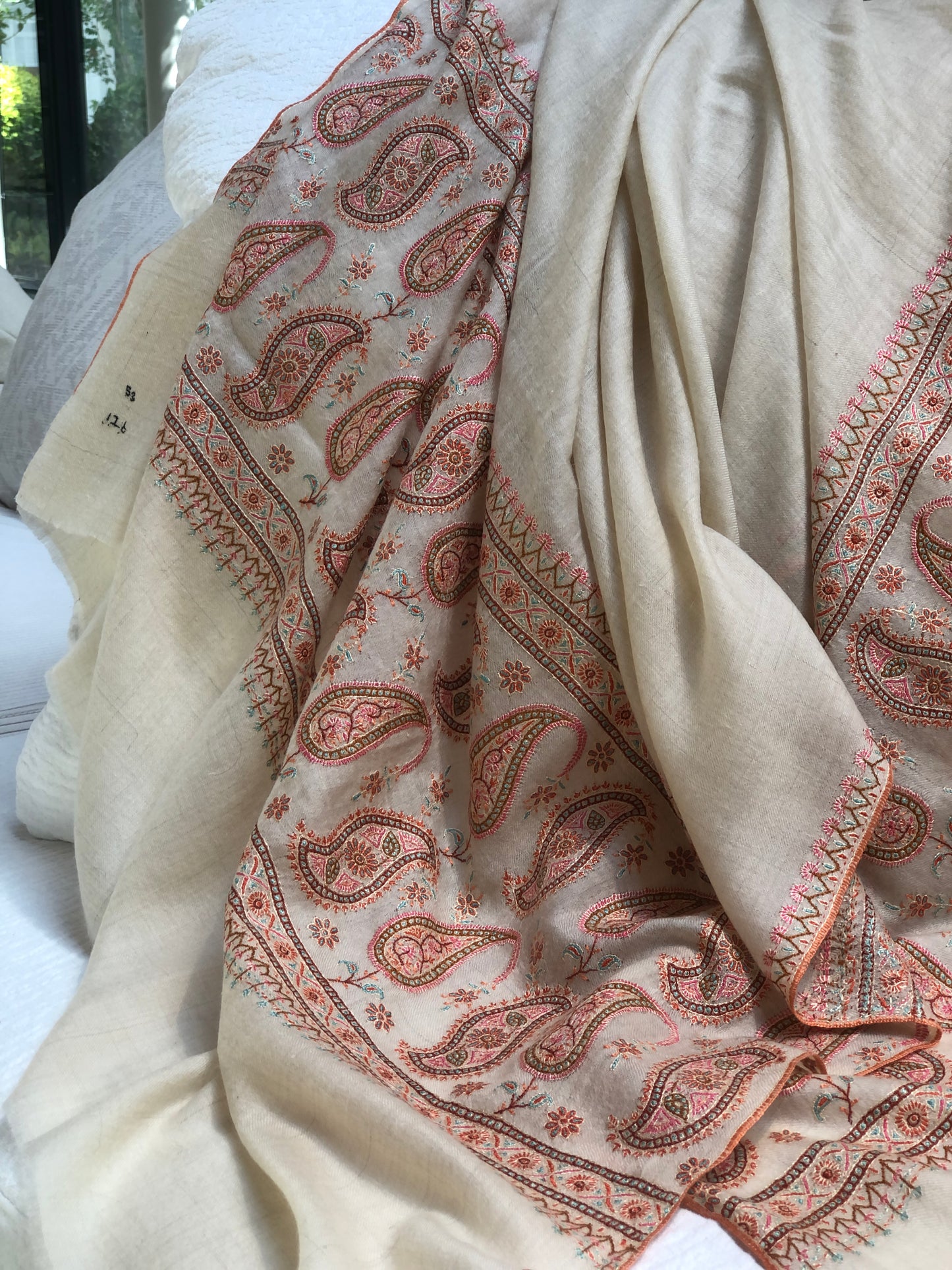 White Almond Design Silk Embroidery Pashmina Shawl