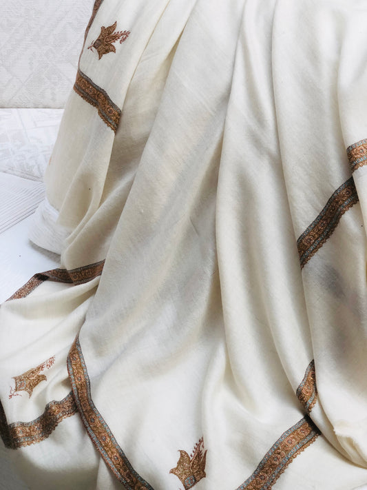 Natural White Hashidar Embroidery Pashmina Shawl