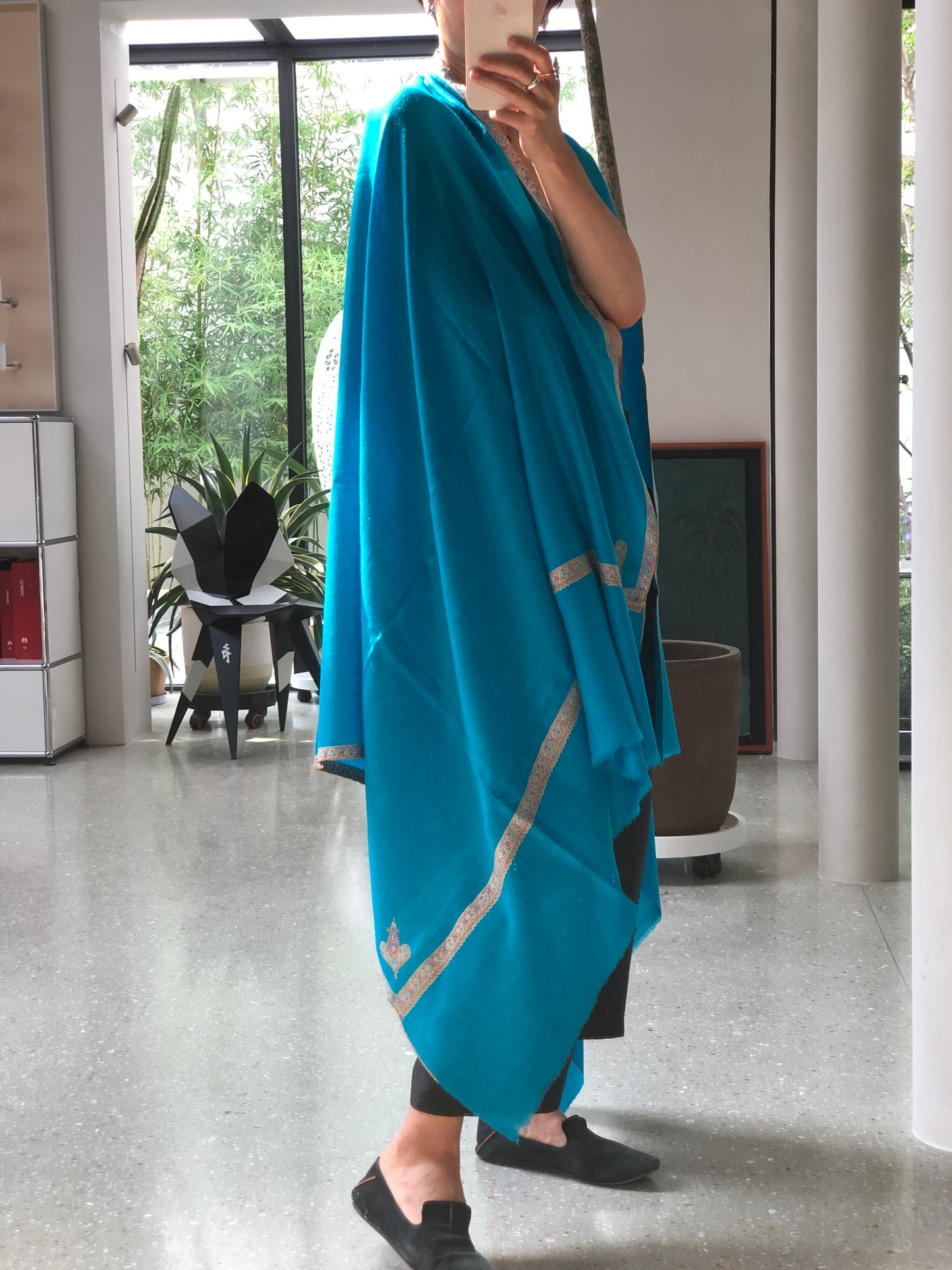 Lake Blue Silk Hashidar Embroidery Pashmina Shawl