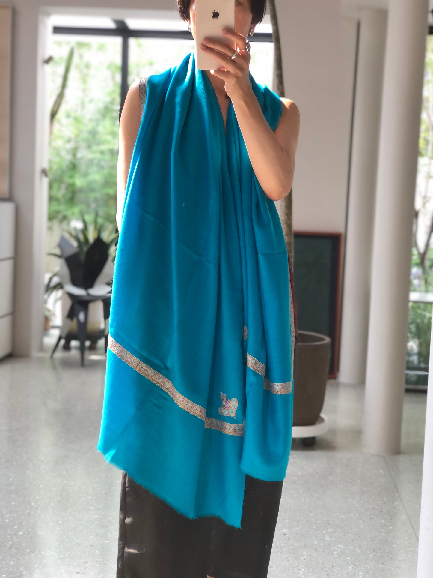 Lake Blue Silk Hashidar Embroidery Pashmina Shawl