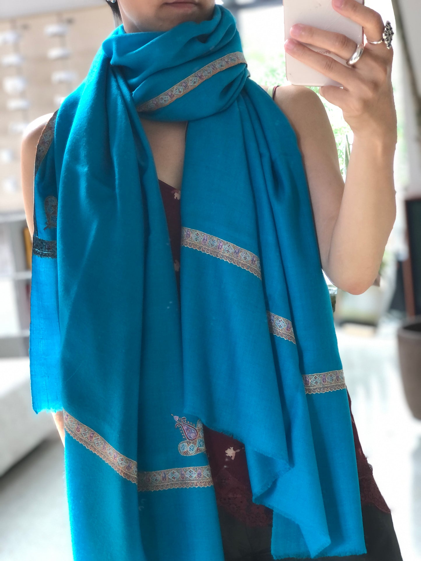 Lake Blue Silk Hashidar Embroidery Pashmina Shawl