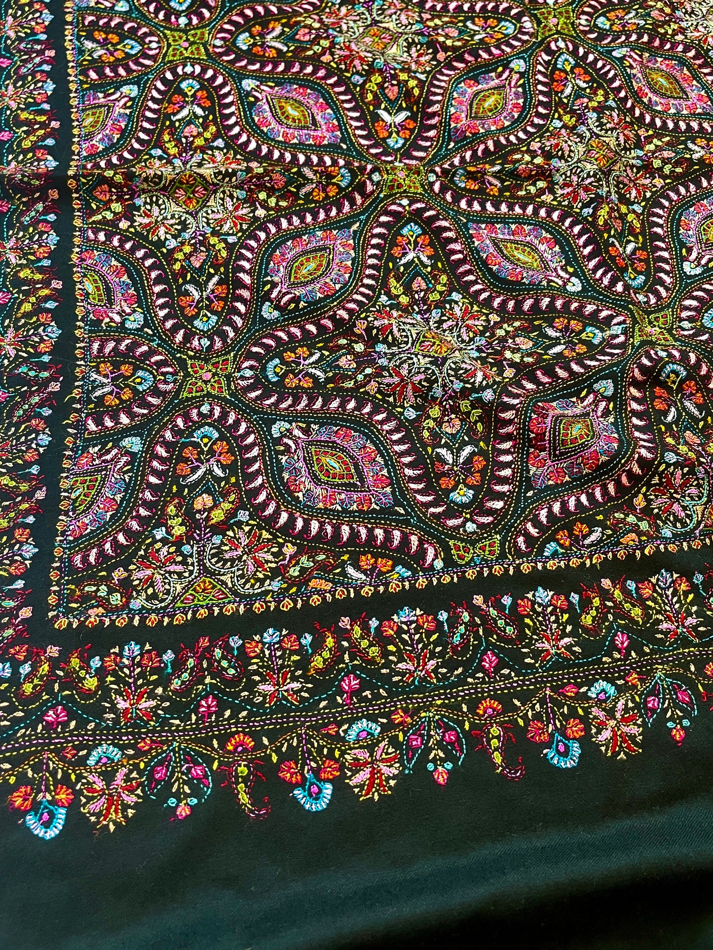 Classic Mandala Design Silk Embroidery Jamawar Pashmina Shawl, Black