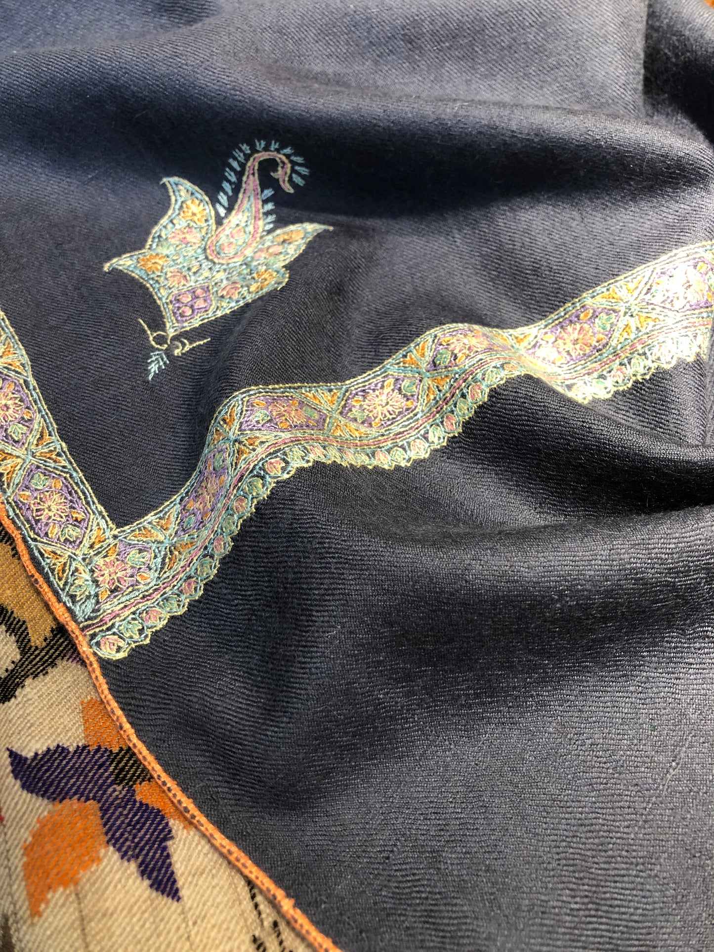 Prussian Blue Hashidar Embroidery Pashmina Shawl