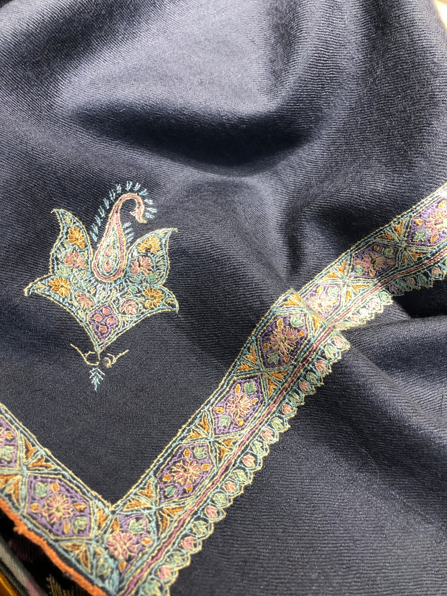 Prussian Blue Hashidar Embroidery Pashmina Shawl