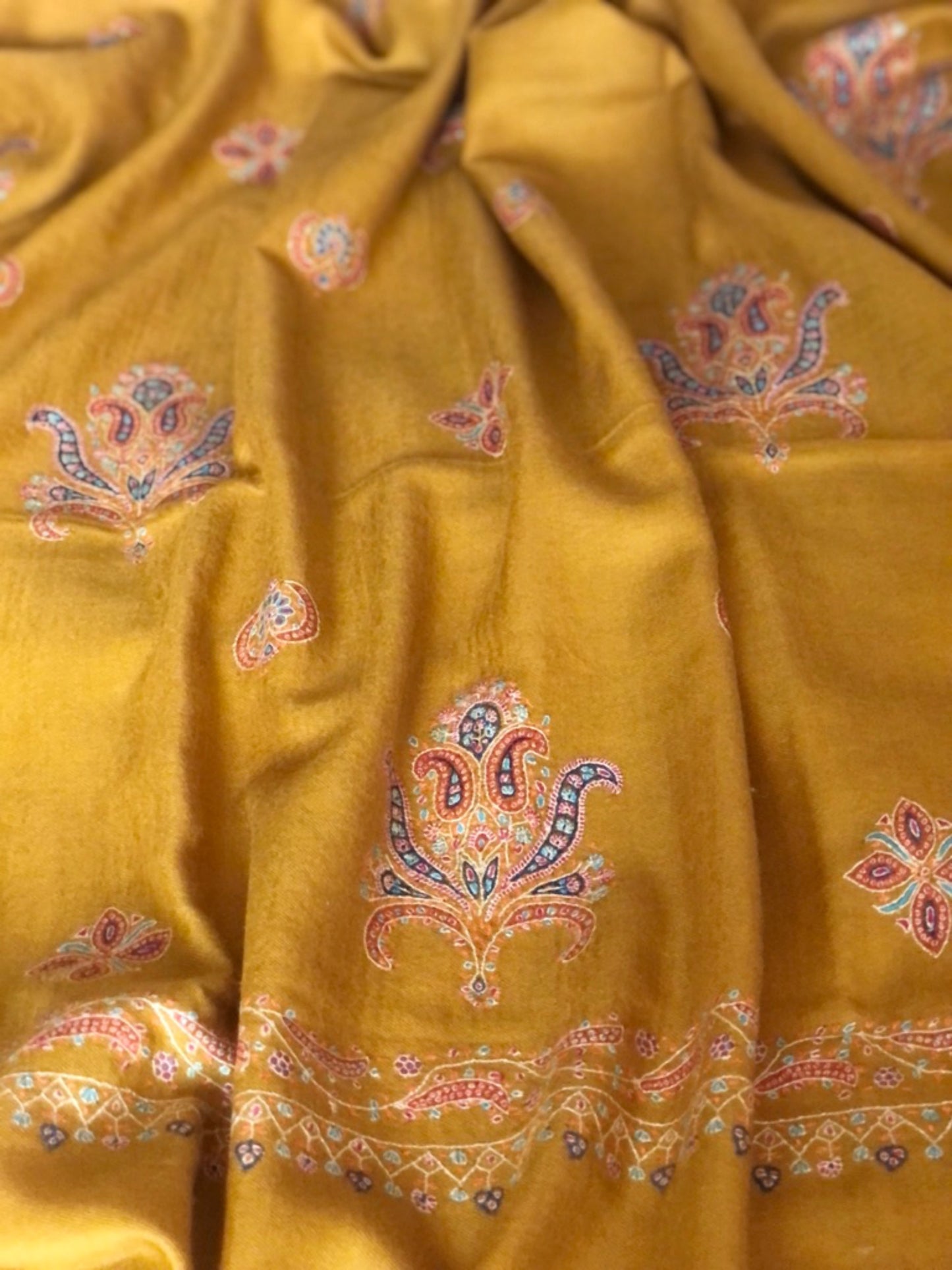 Kashmir Pashmina Shawl Sozni Jaal Embroidery Mustard Image 6