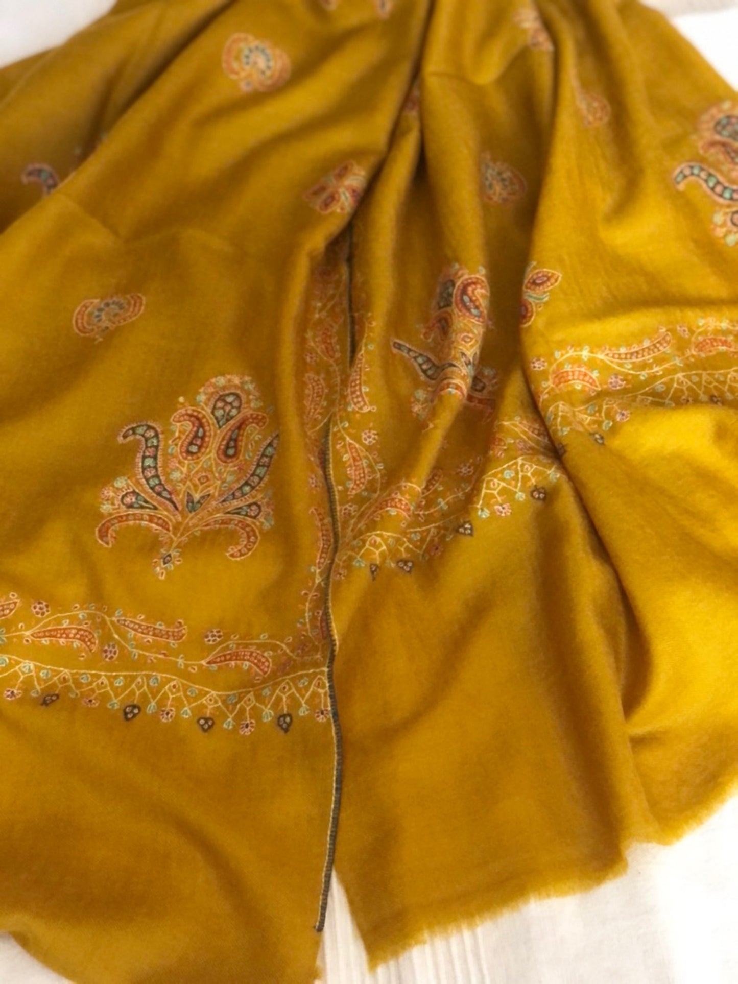 Kashmir Pashmina Shawl Sozni Jaal Embroidery Mustard Image 1 