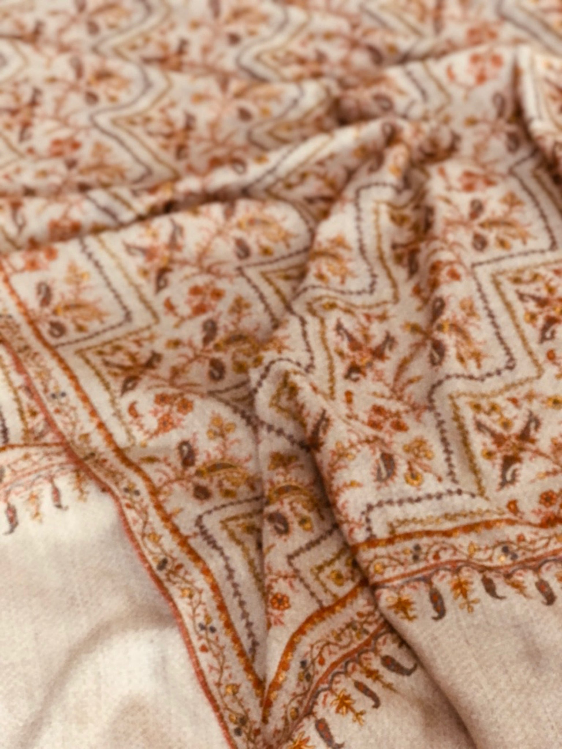 Kashmir Pashmina Shawl Sozni Embroidery Jaal Floral Design, Natural Beige Image 5