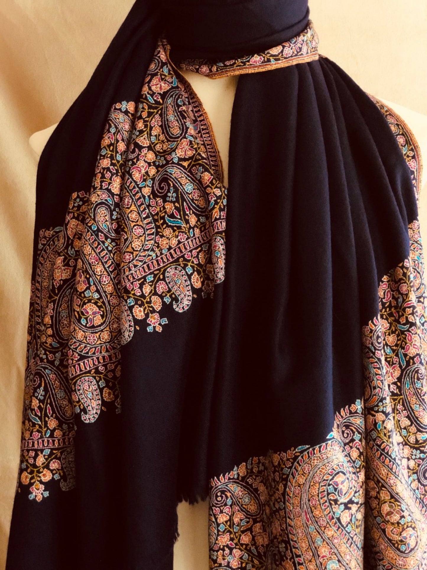 Navy Almond Palla Embroidery Pashmina Shawl